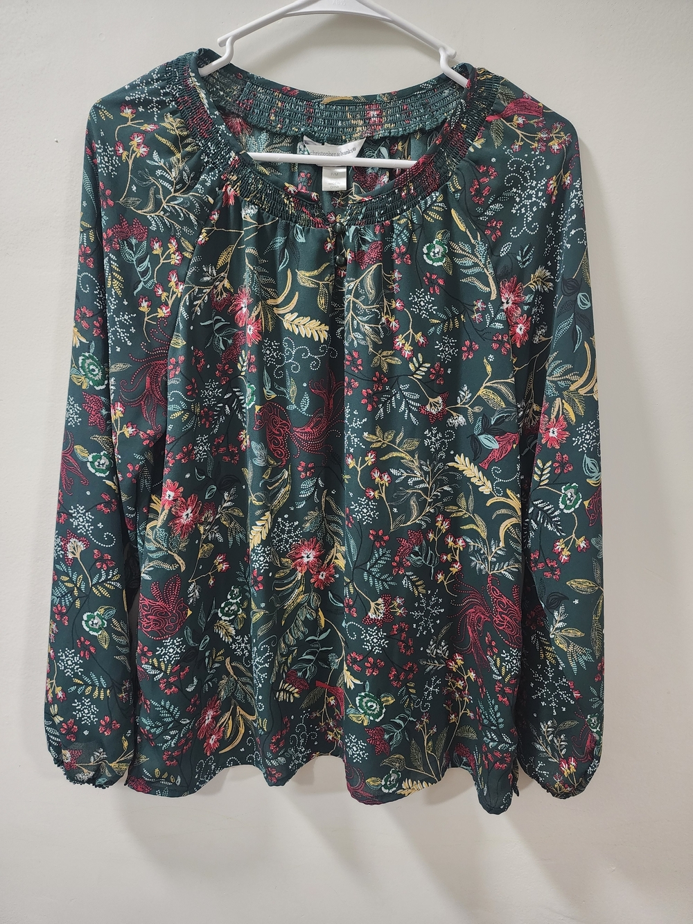 Christopher & Banks Petite Green Floral Smocked Neck Blouse Size MP